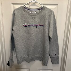 Champion Powerblend Women's Medium Gray L/S Crewneck Pullover Sweatshirt Logo